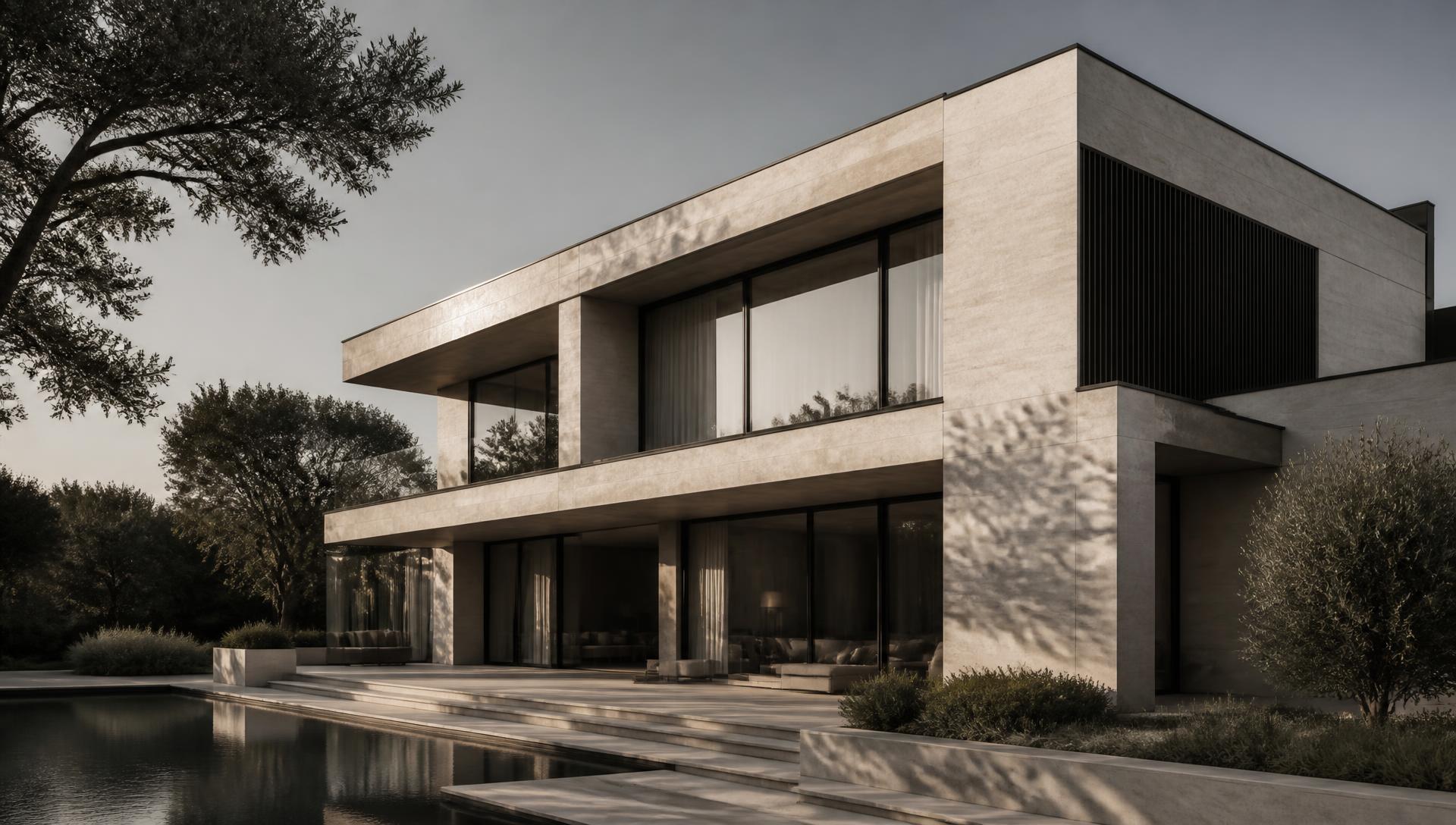 Contemporary stone and glass residence in low European daylight