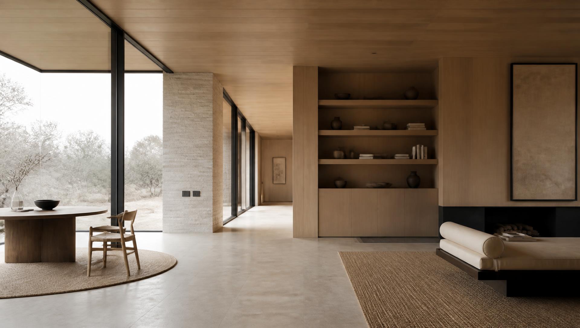 Minimalist residential interior in oak, limestone and glass